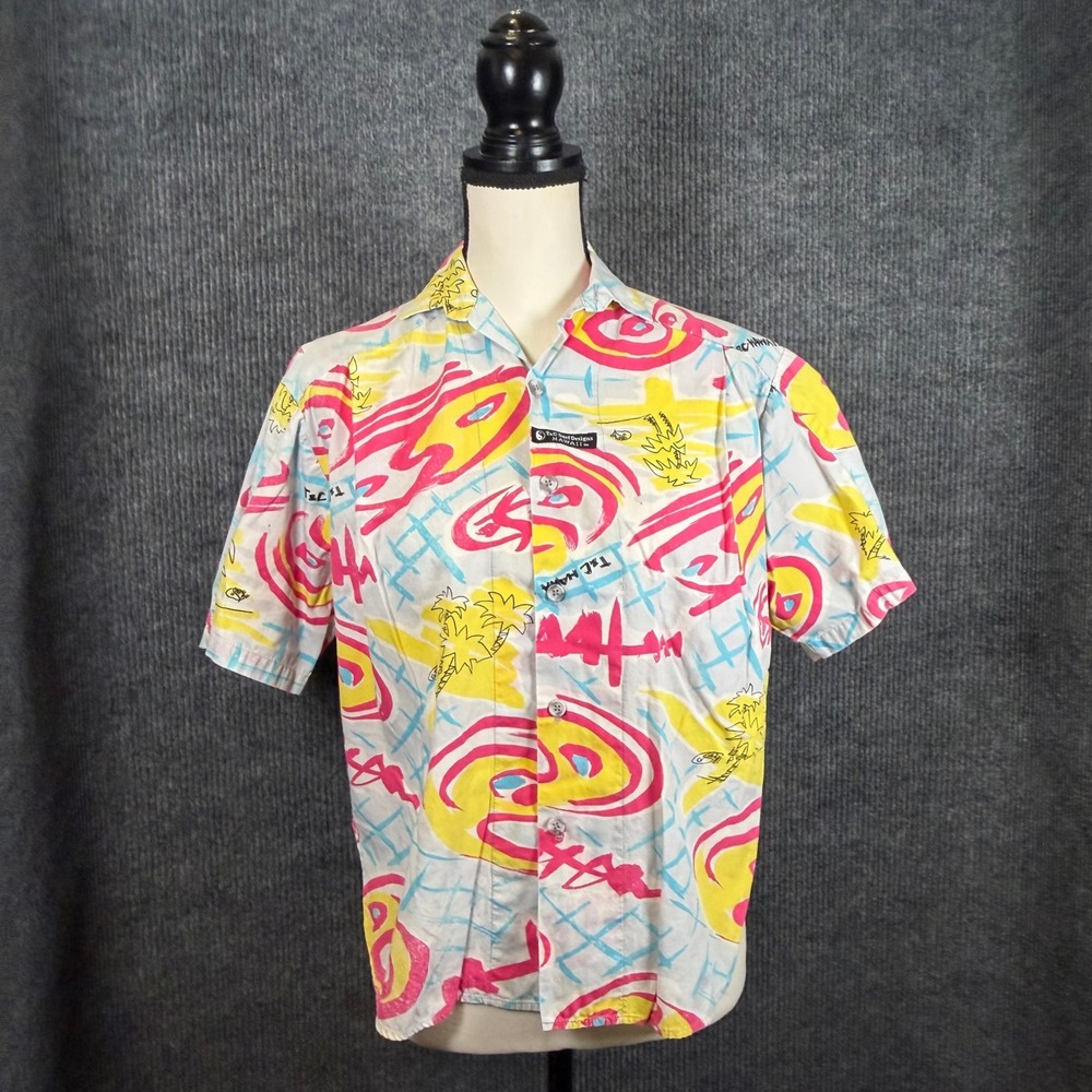 T&C Surf Designs Hawaii Shirt Mens L 80s Neon Abstract AOP Logo Palm Tree